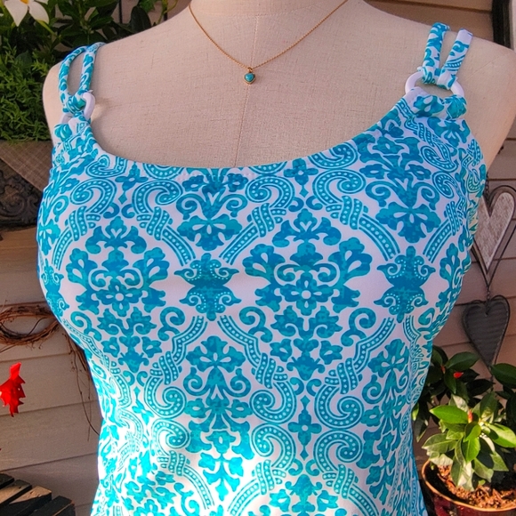CATALINA ♡ Gorgeous 1pc Aqua Blue 'n White Padded Bralette Swimsuit L (12-14) - Picture 14 of 17
